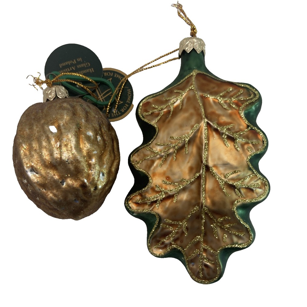 2‎ Vtg Handmade Glass Leaf & Nut Christmas Ornament Home For The Holiday Poland